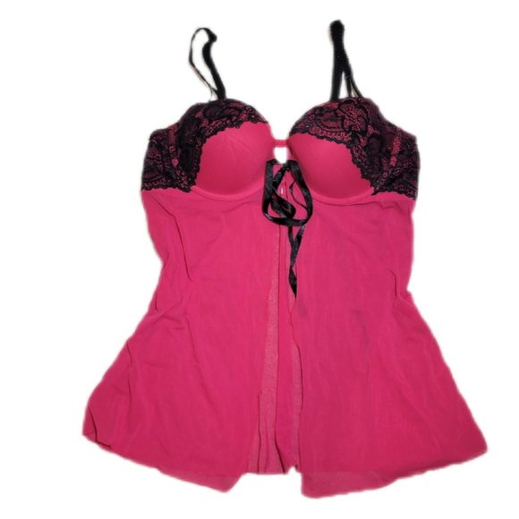 ❤️Red & Black Lace Semi Sheer Babydoll Lingerie Pushup Bra Slip Chemise Top❤️ - Picture 4 of 6